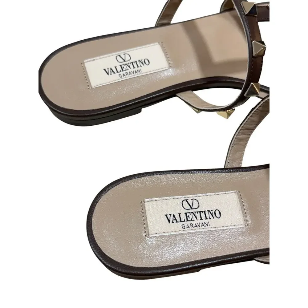 Valentino Garavani Rockstud Caged Leather Slide Sandal Bark Brown 36
